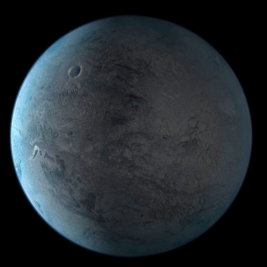 Image of a unique celestial body with a cratered surface in space, offering a view of its mysterious terrain.