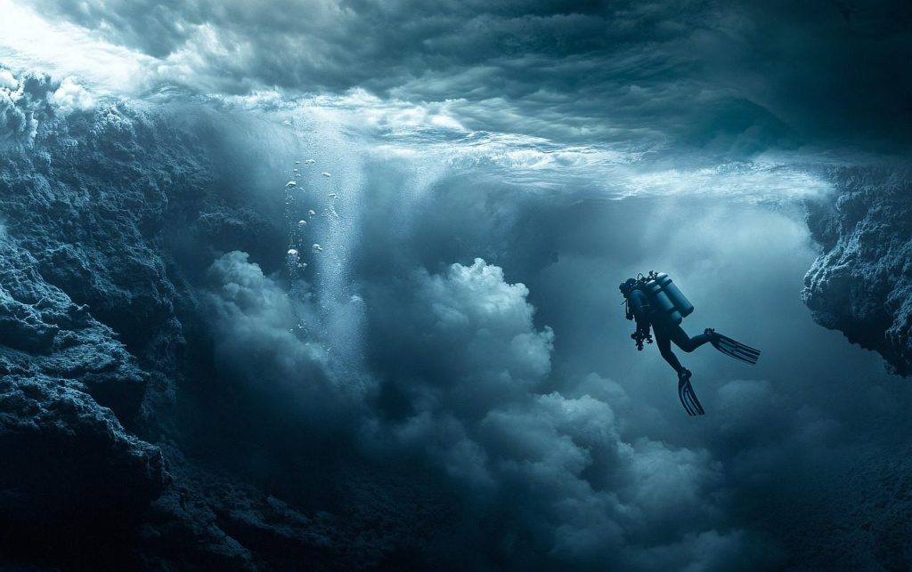 scuba diver, underwater, ocean, deep sea, abyss, diving, exploration, mysterious, adventure, marine, ocean life, underwater photography, solitude, depth, light, shadows, blue, dark, vast, scuba diving, aquatic, free diving, nature, ai generated