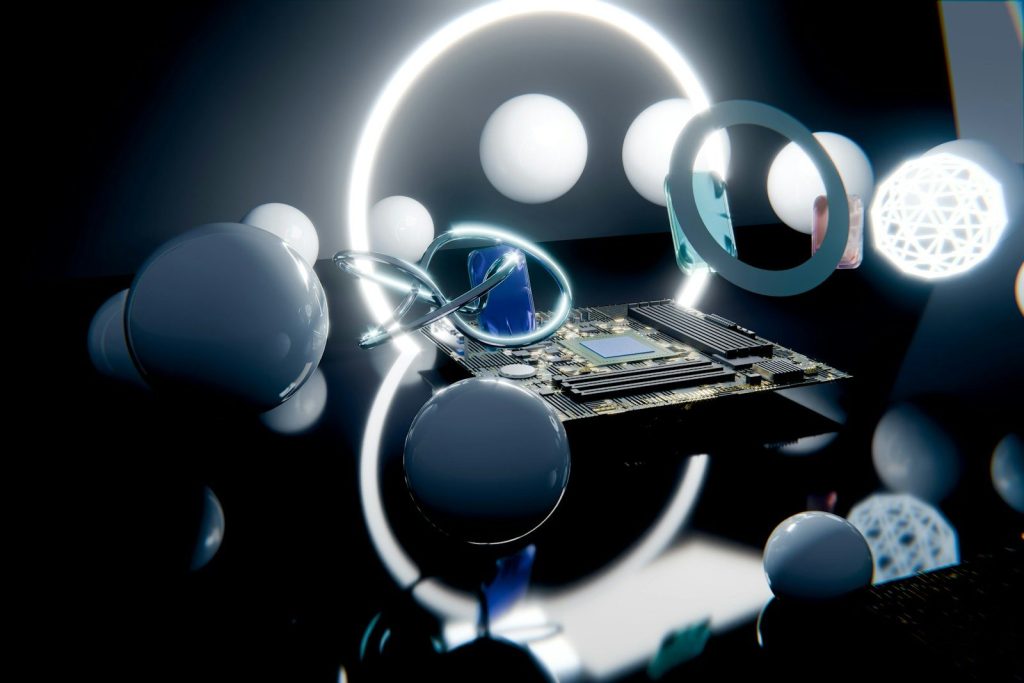 Abstract technology with circuit board, spheres, and glowing rings.