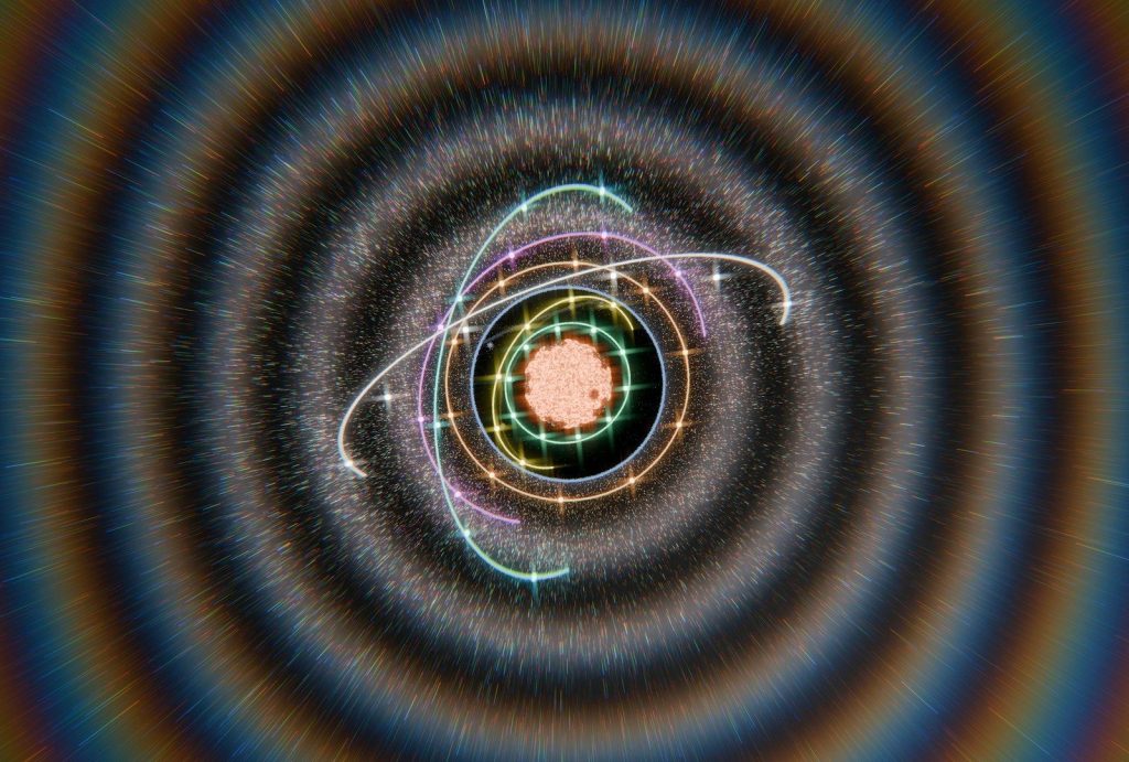 Vibrant atom model with orbiting electrons and swirling cosmic background.