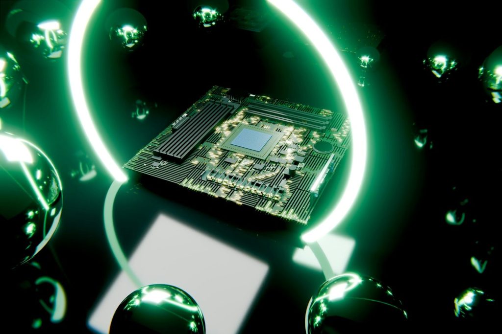 Glowing circuit board with green light and metallic spheres.