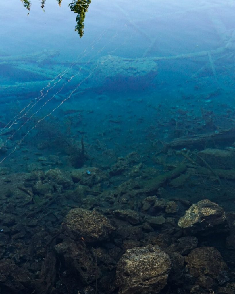Clear blue water reveals rocky lakebed and submerged logs