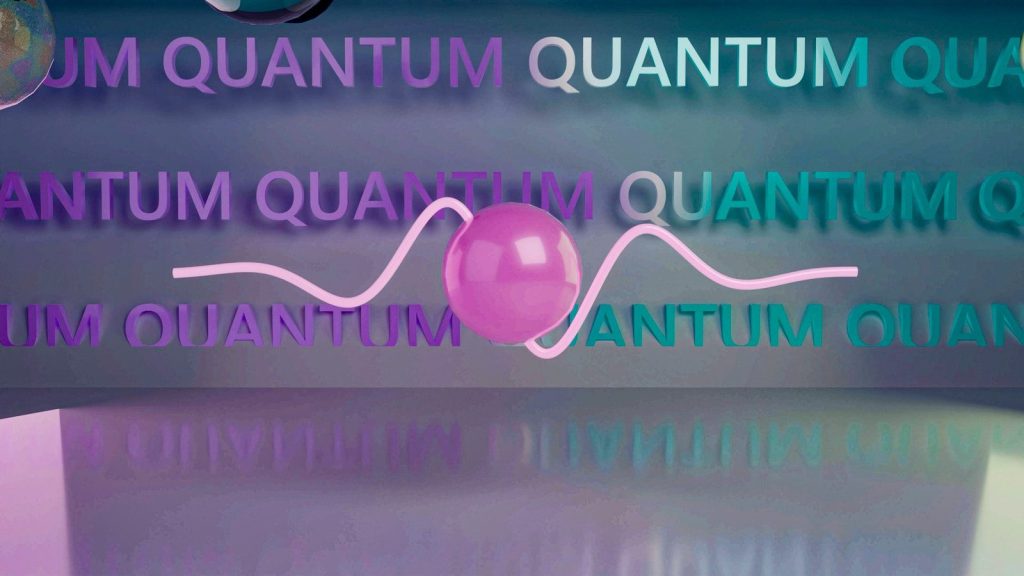 Pink sphere with a wavy line and "quantum" text background.