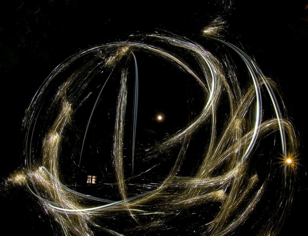Abstract light trails in a dark sphere
