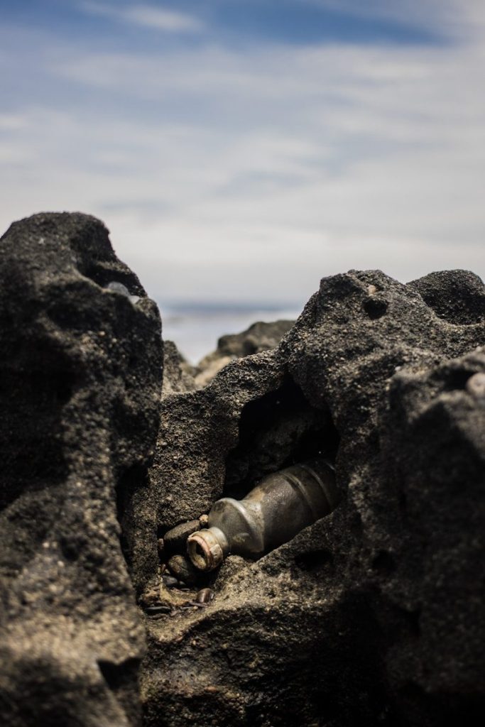 a bottle that is inside of some rocks