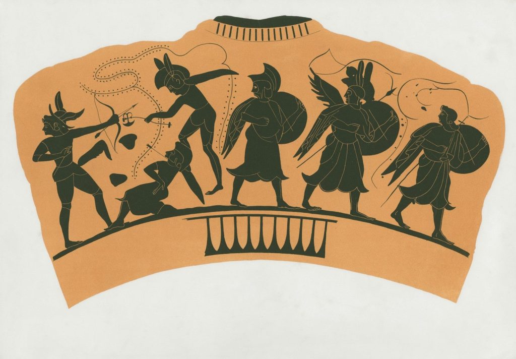 Ancient greek vase painting depicts warriors in battle