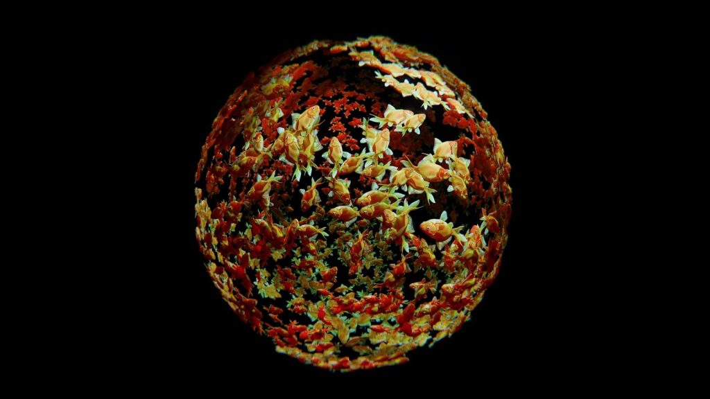 A textured sphere with brown, green, and yellow patches.