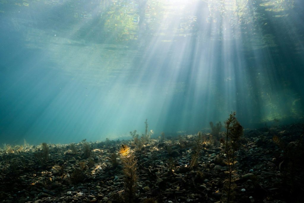 The sun shines through the water in the ocean