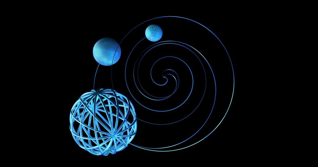 A black background with a blue ball and two white balls