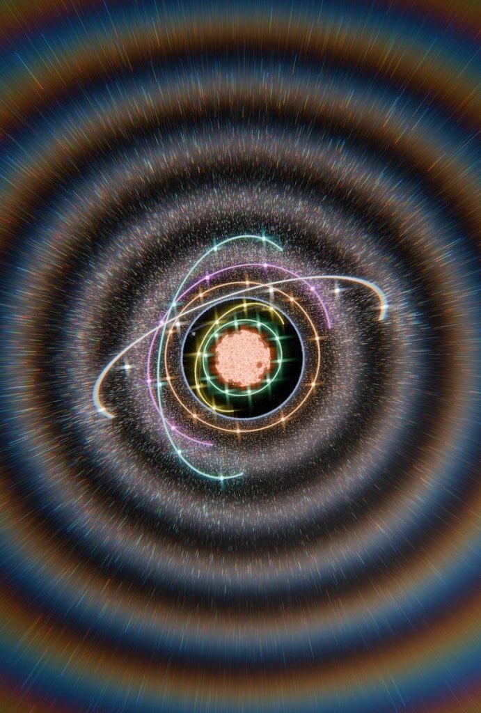 Abstract atom with glowing core, orbiting rings, and cosmic background.