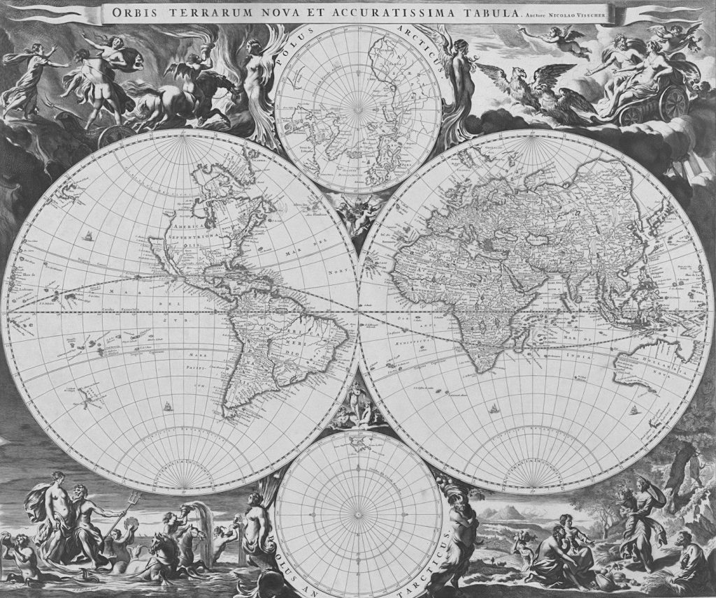 Antique world map with detailed continents and celestial figures.