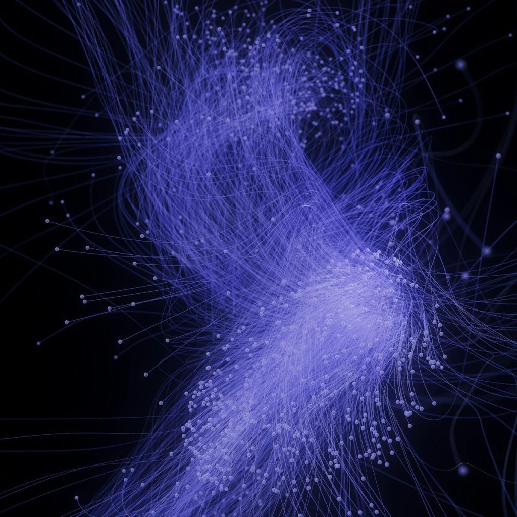 Abstract blue lines and dots on black background.