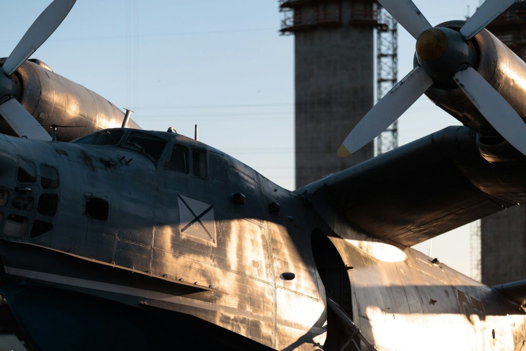 Close-up of a large seaplane with propellers