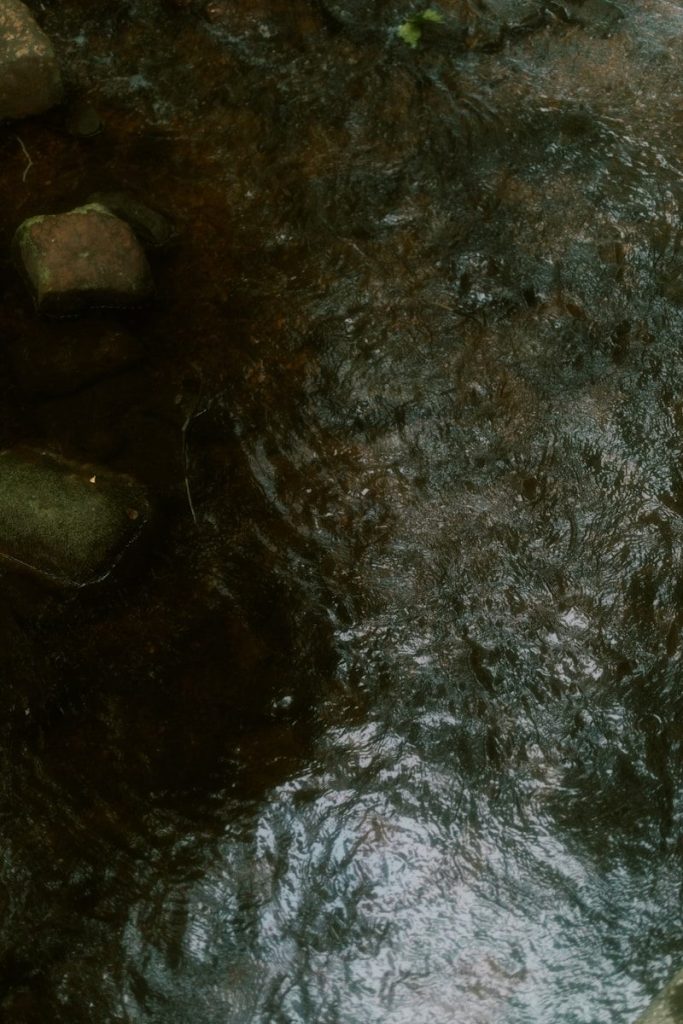 Dark water flows over rocks in a stream.
