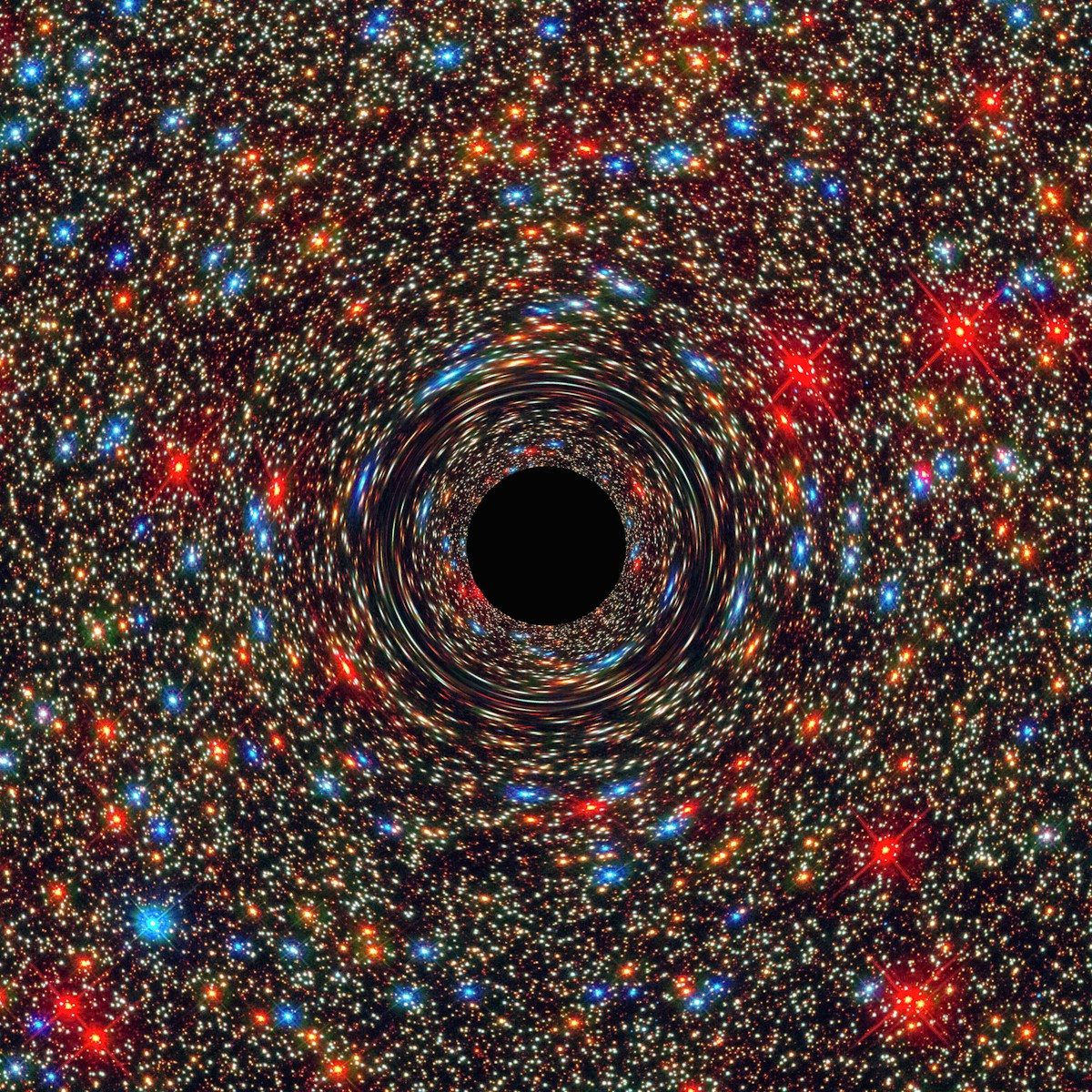 a black hole in the center of a space filled with stars