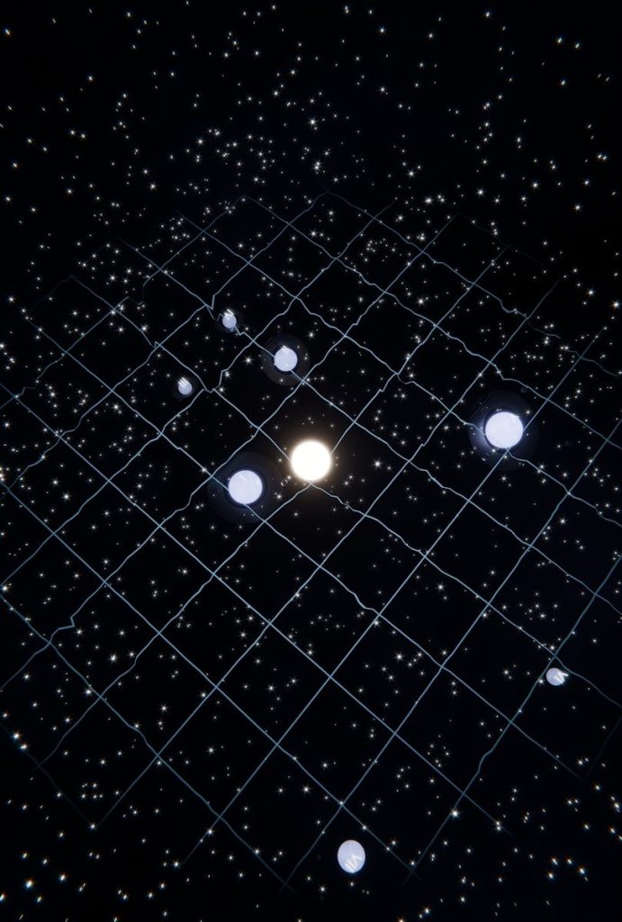 Glowing spheres on a grid in a star-filled dark space.