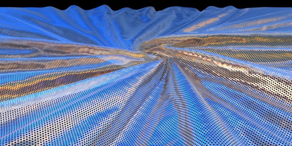Abstract blue and gold textile is seen.