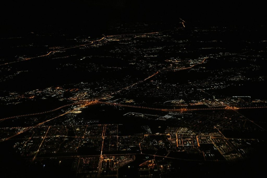 Aerial view of a city at night