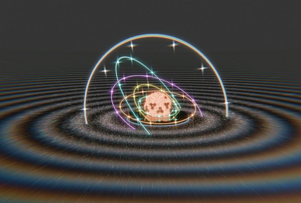 Stylized atom with glowing electron paths on a rippling background.
