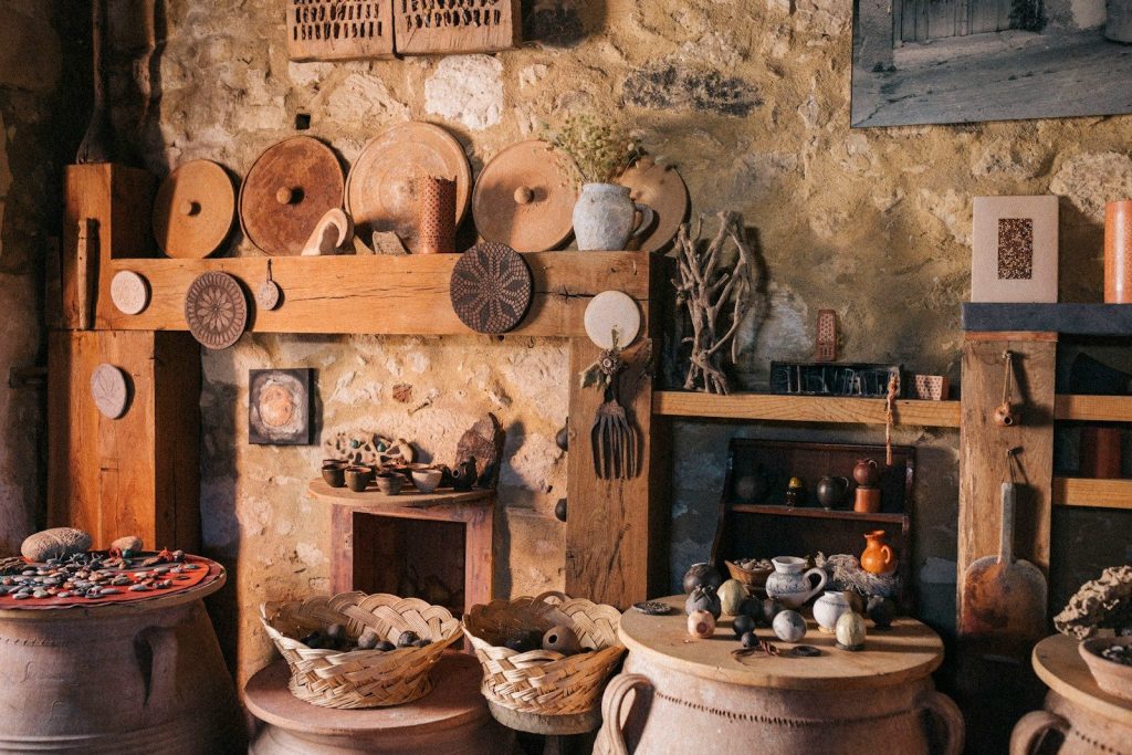 a room filled with lots of pots and baskets