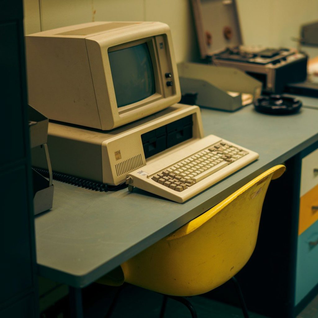 an old computer sitting on top of a desk