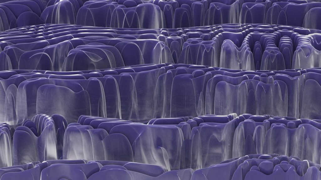 a very large group of purple rocks with water running down them