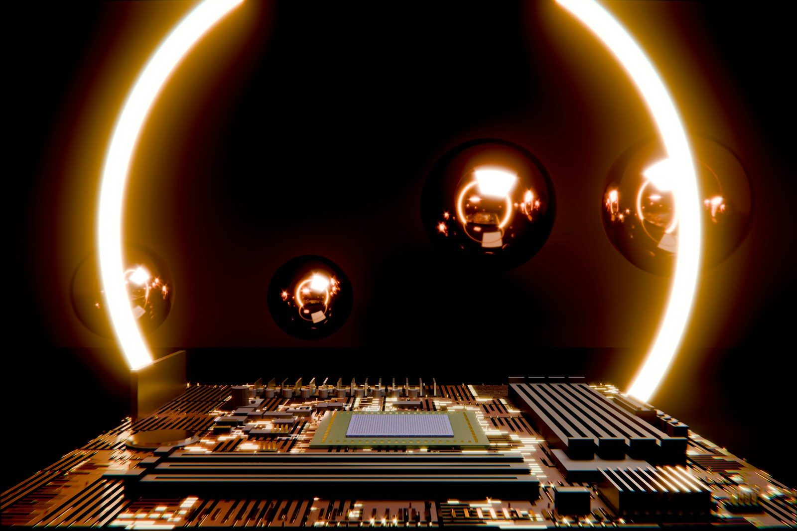 Electronic circuit board illuminated by orange glowing rings.