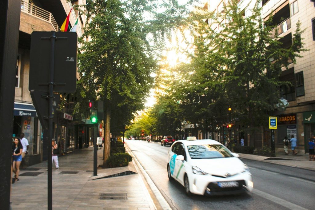 A white taxi drives down a tree-lined city street.