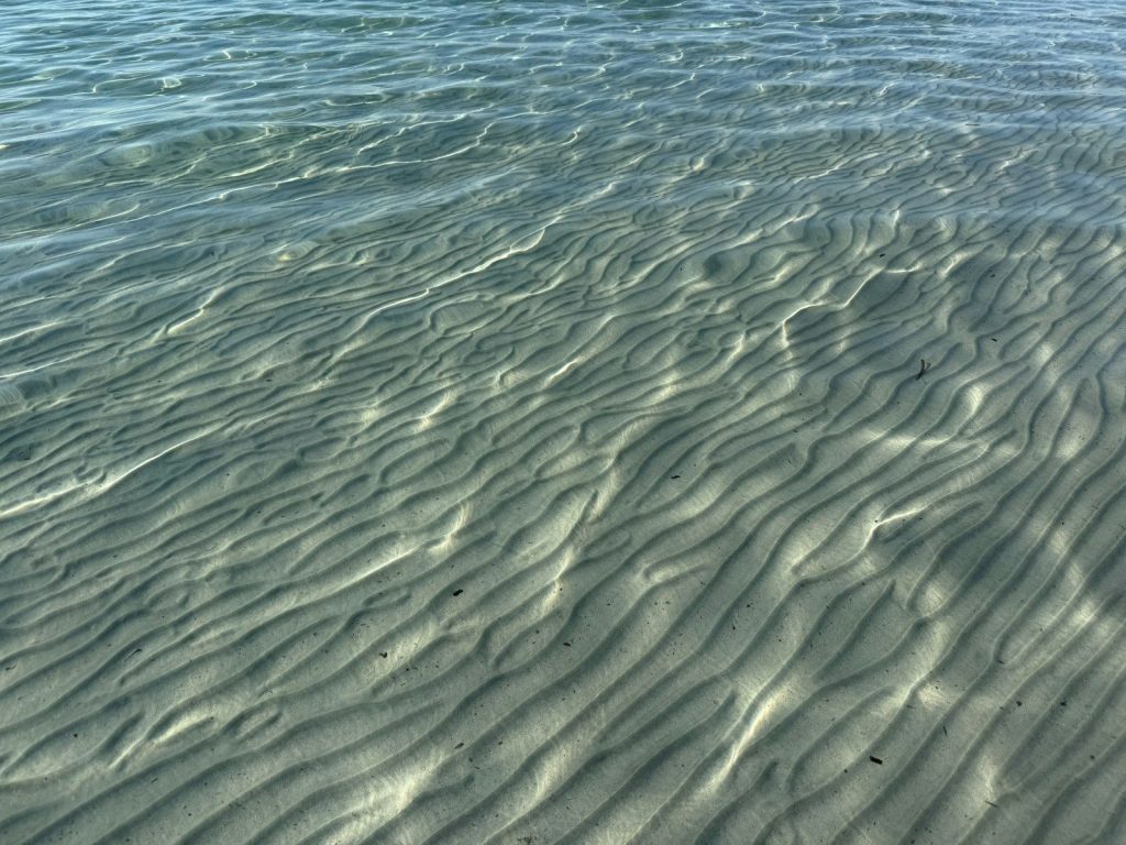 Rippled sand patterns on the ocean floor under clear water.