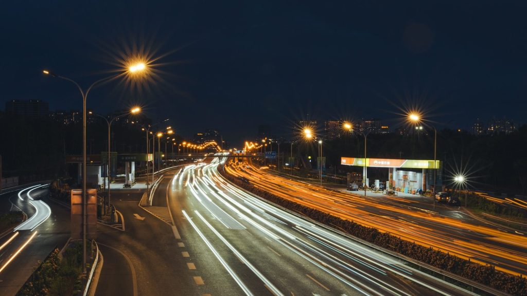 Light trails on a highway at night