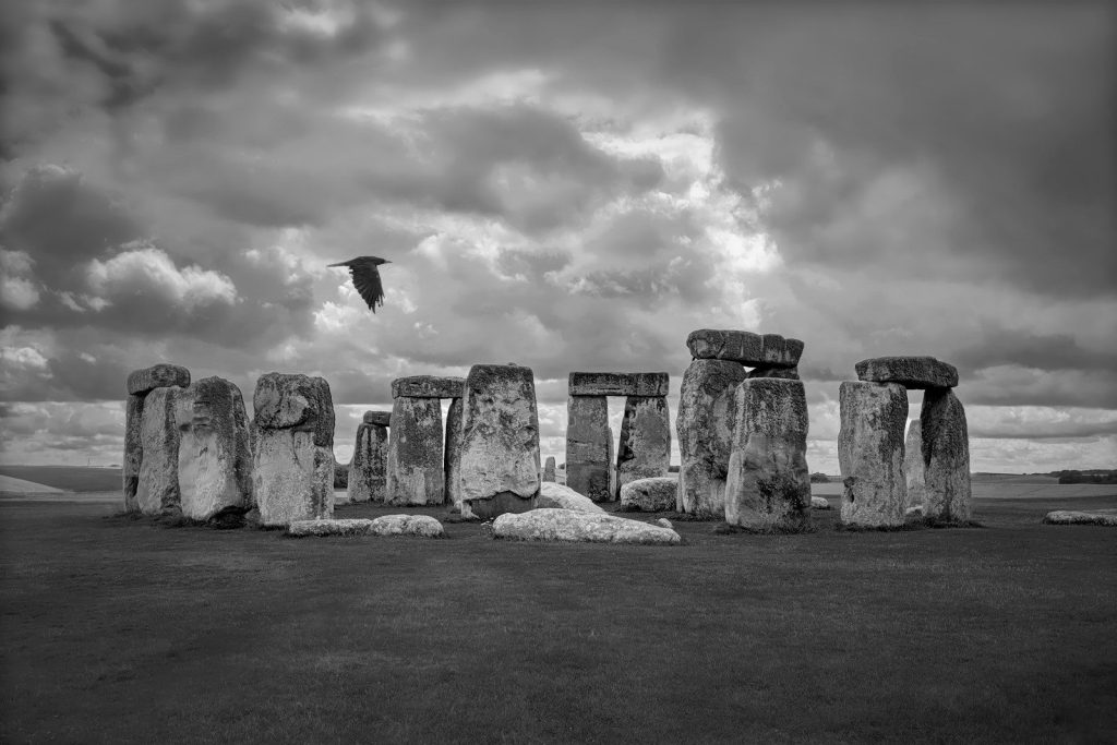 Stonehenge monument under a cloudy sky with a bird flying.