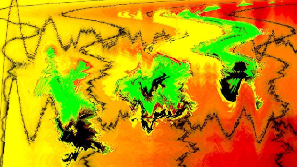 Abstract wavy patterns in yellow, orange, red, and green.