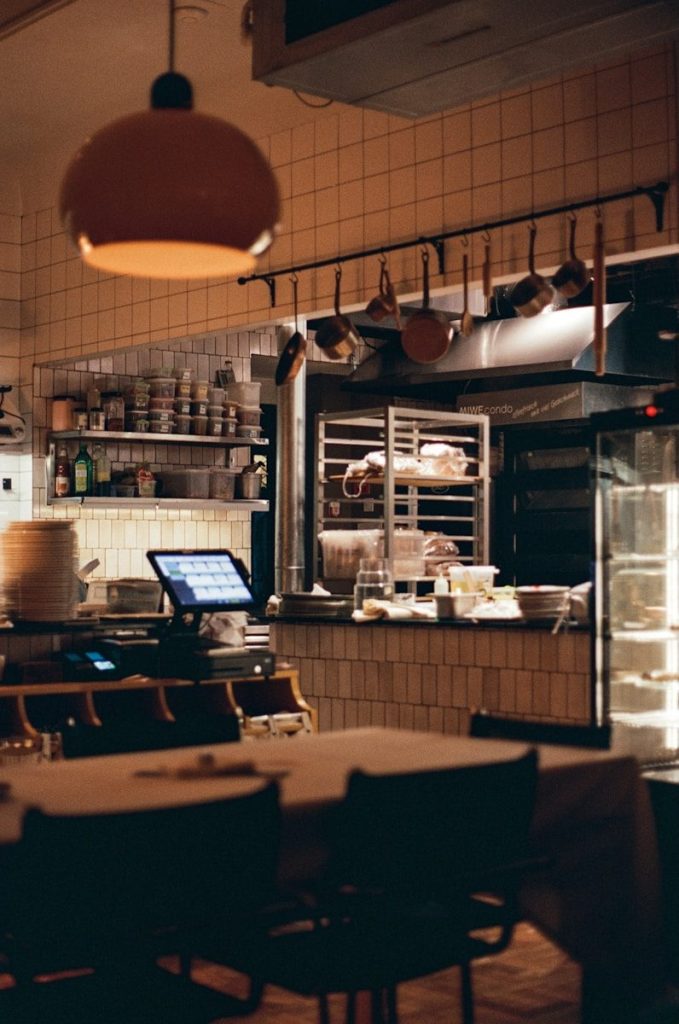 Inside a restaurant kitchen, ready for service.