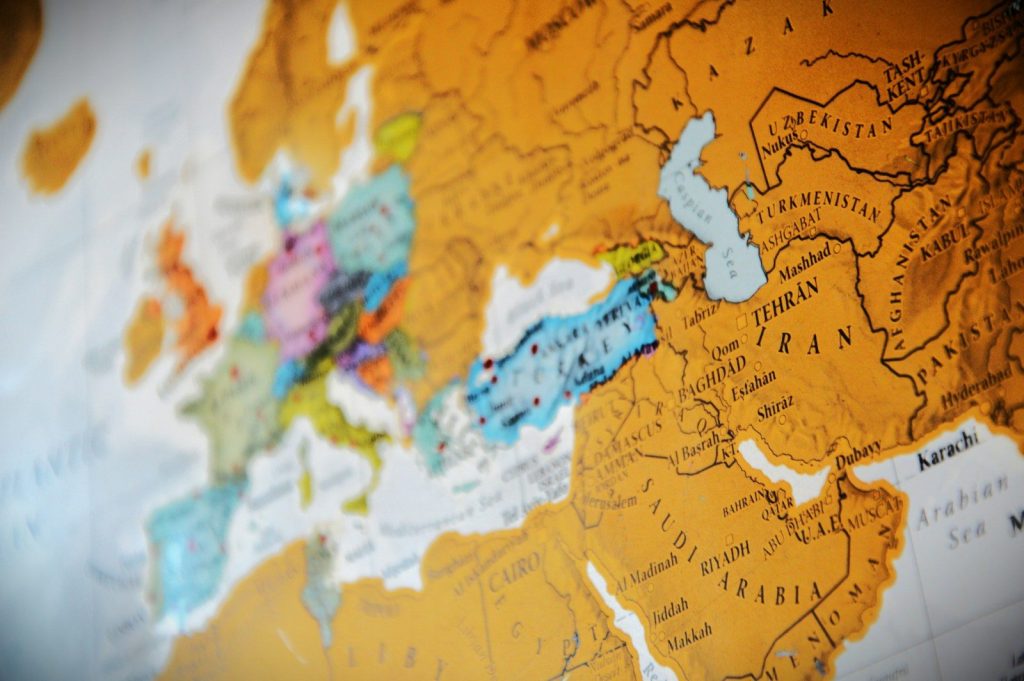 Close-up view of a vintage world map