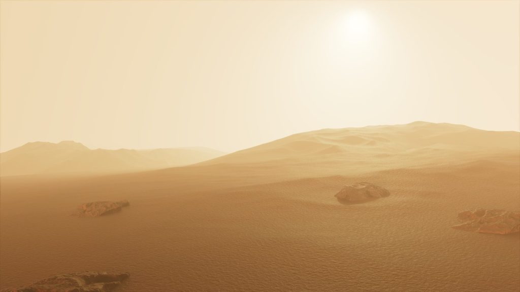 a desert landscape with rocks and sand in the foreground
