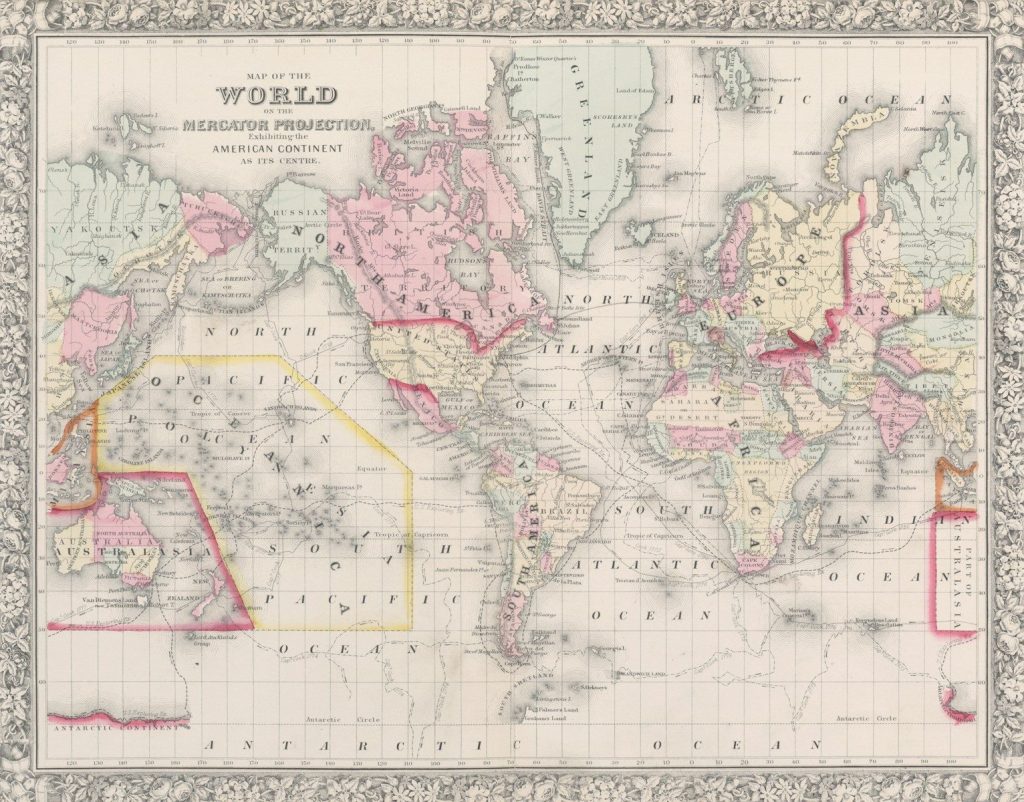 Antique map of the world with political divisions.