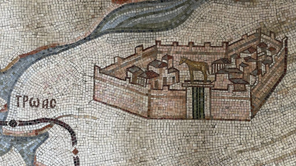 Byzantine mosaic of troas, a fortified city with a horse.