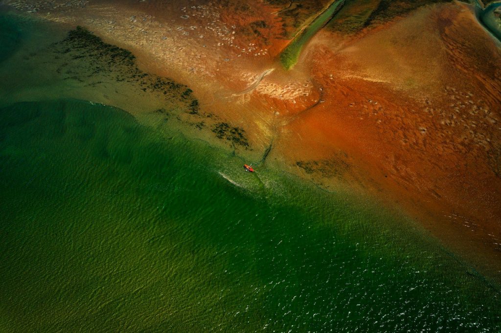 an aerial view of a body of water