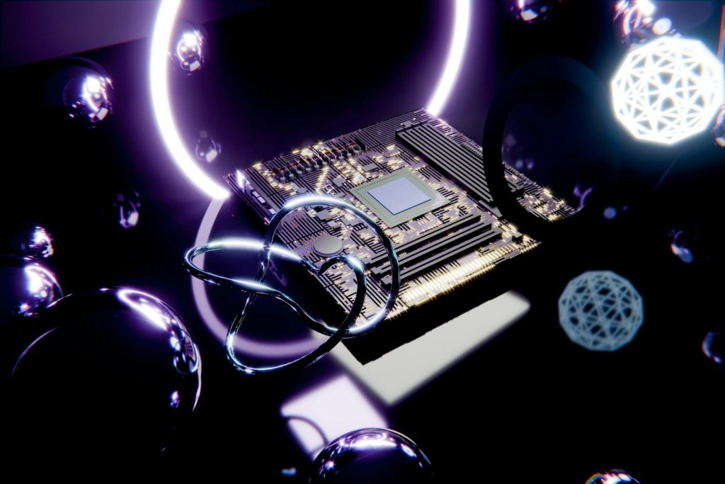 A computer motherboard with glowing purple rings and spheres.