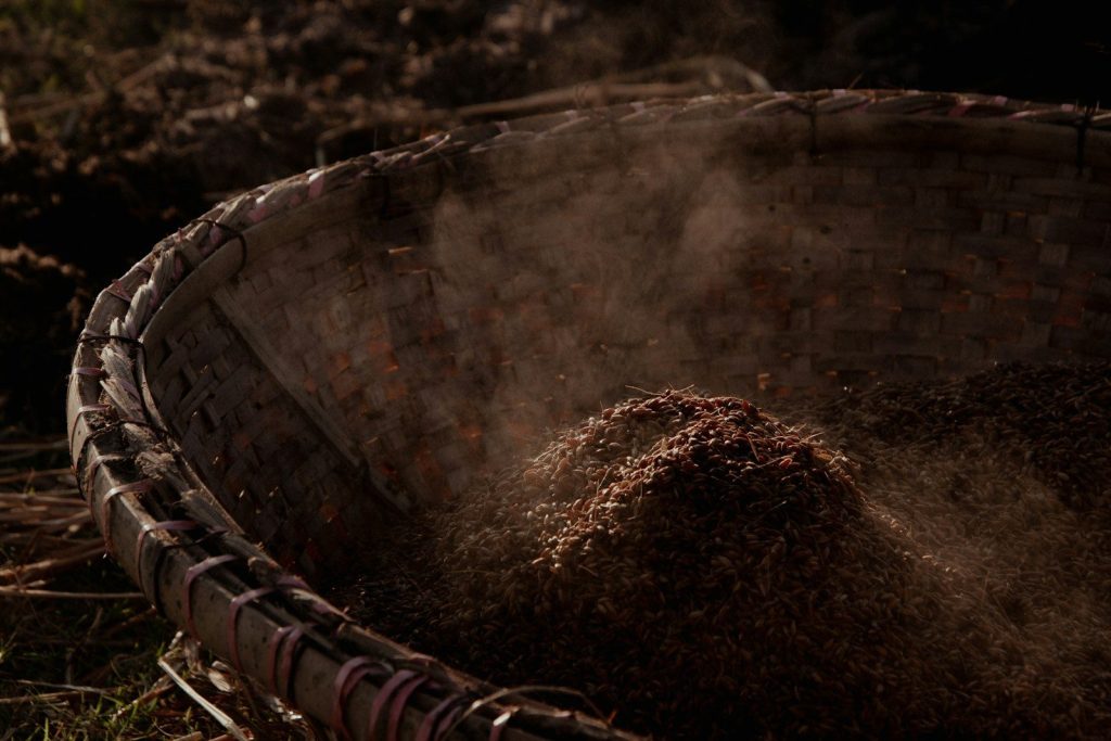 A basket full of dirt sitting in the grass