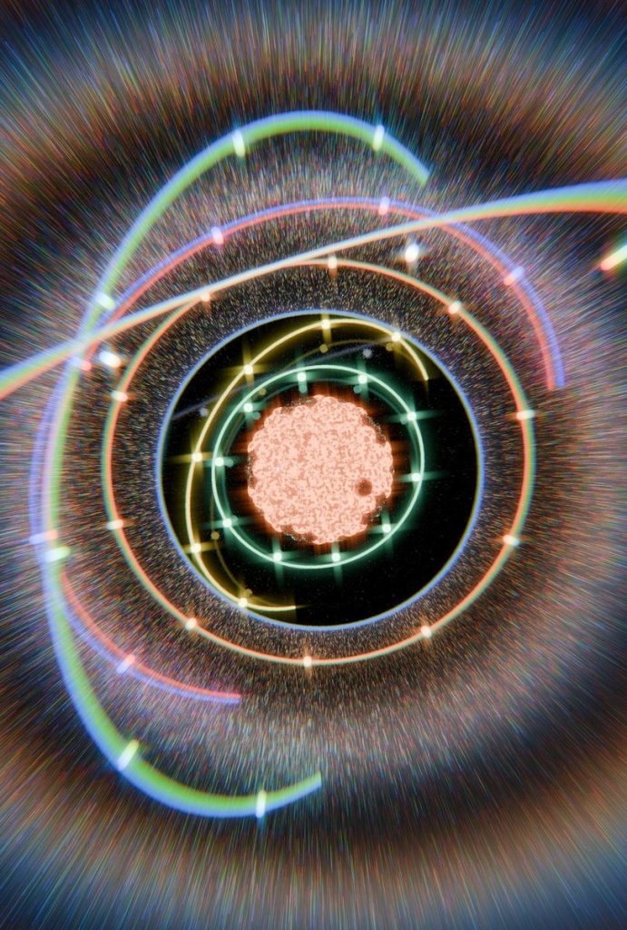 Concentric glowing rings and particles orbiting a central textured mass.