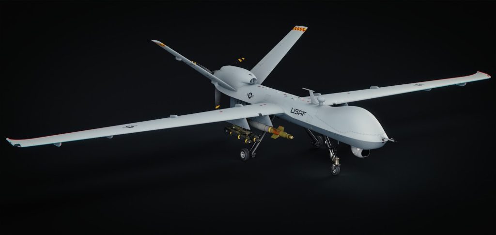 A model of a military plane flying in the air