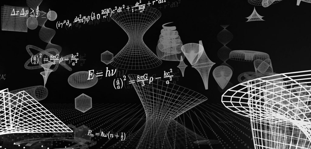 Mathematical formulas and wireframe 3D shapes on a black background.
