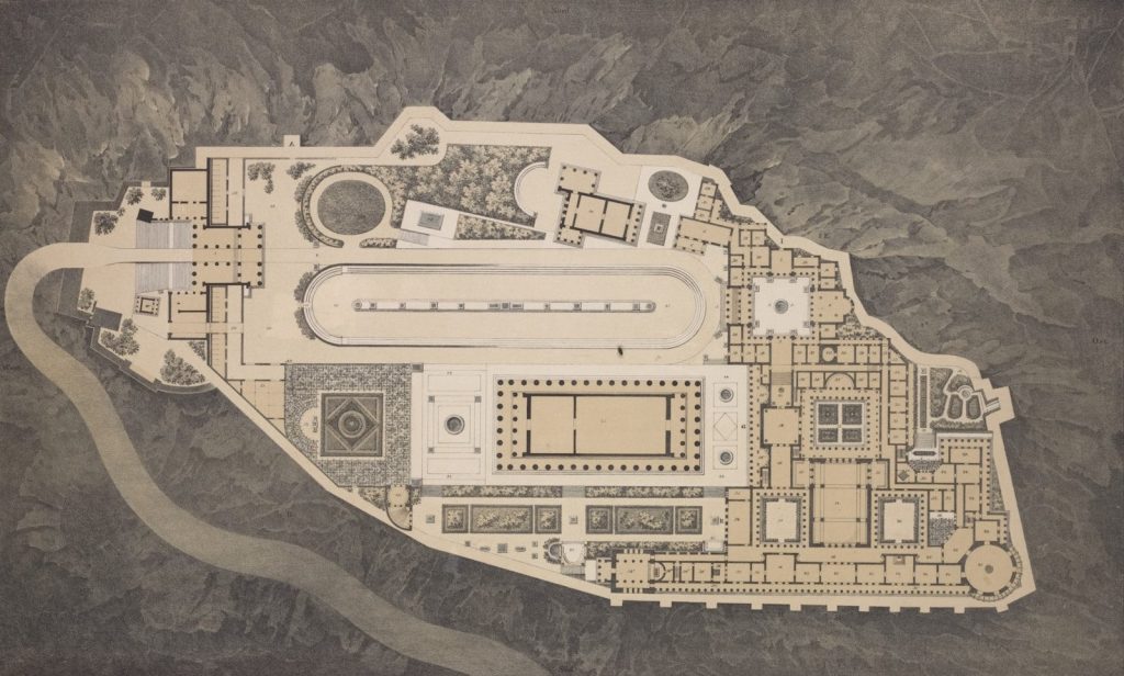 Architectural plan of a large ancient complex with river.