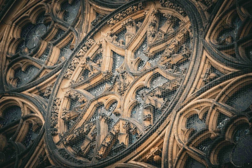 Intricate gothic stone carving on a building