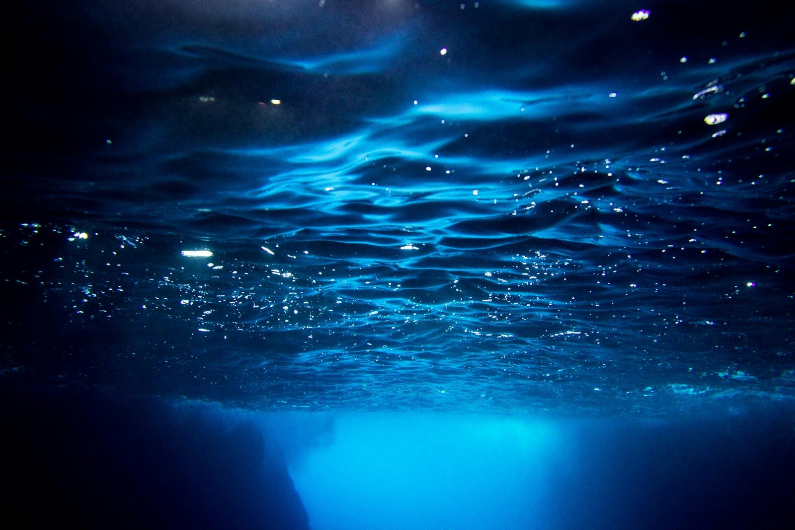 Underwater view with sunlight filtering through water.