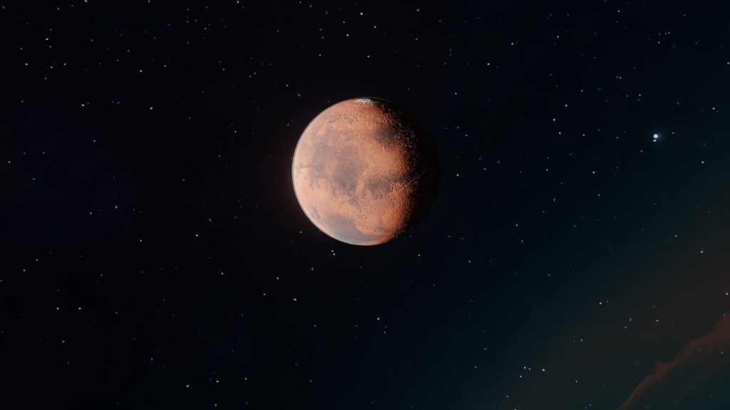 Close-up of Mars against a backdrop of the starry night sky, showcasing its unique terrain.