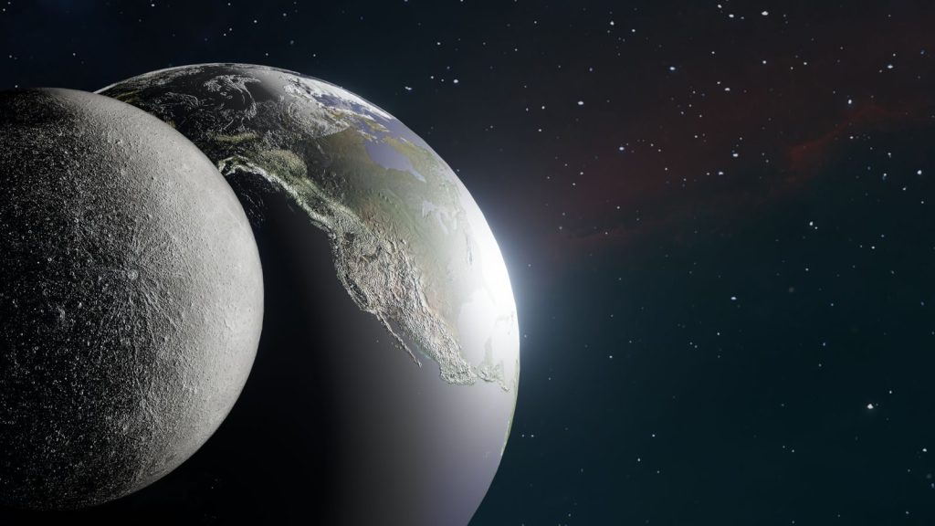 Beautiful depiction of Earth partially shadowed by the Moon in space.