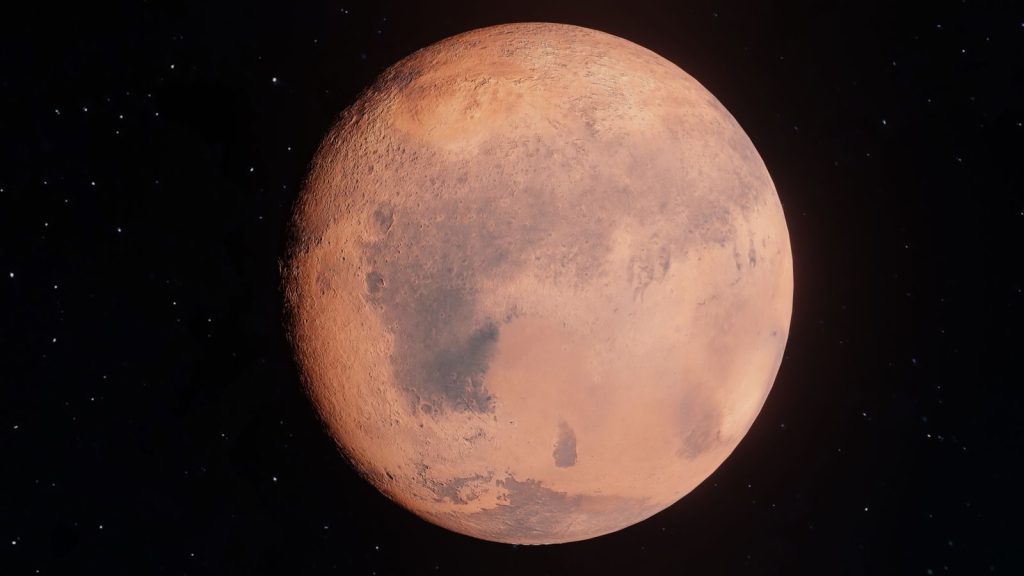High-resolution image of Mars shining in the vast universe, showcasing its surface details.