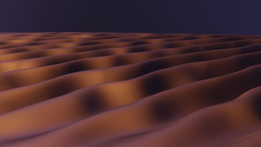 A 3D render showcasing an abstract pattern of sand dunes under a dim light, creating a textured landscape.